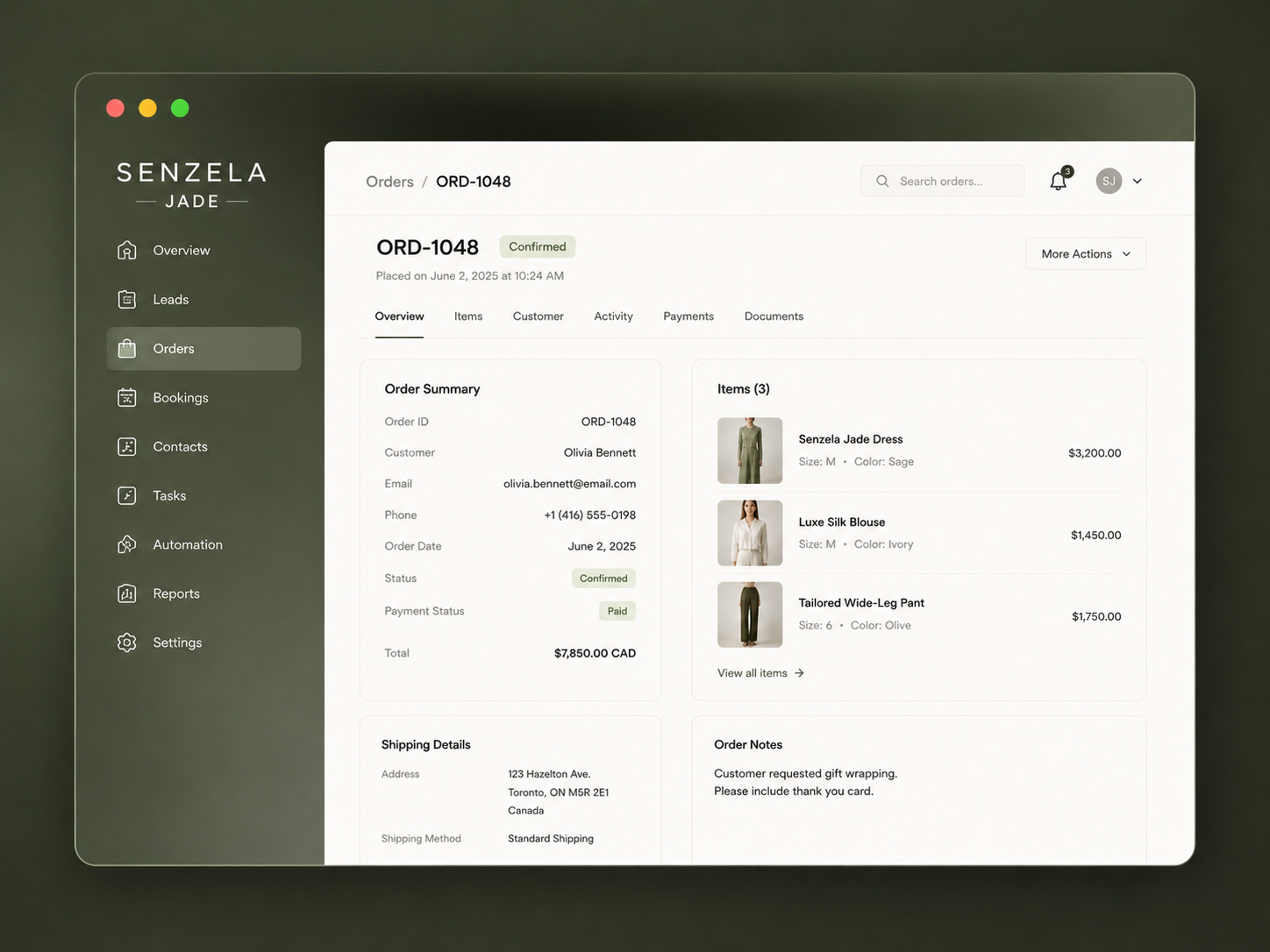 Senzela Jade Orders dashboard screenshot